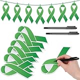 Kosiz 100 Pack Large Mental Health Awareness Ribbon Set 100 Green Ribbon Cutouts 2 Marker Pens 100 Wooden Clips with Ribbon Rope Mental Health Month Items for Public Charity Party Supplies
