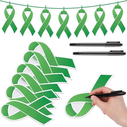 Kosiz 100 Pack Large Mental Health Awareness Ribbon Set 100 Green Ribbon Cutouts 2 Marker Pens 100 Wooden Clips with Ribbon Rope Mental Health Month Items for Public Charity Party Supplies