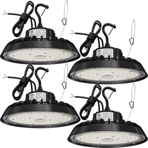 Staycalis Home UFO Led High Bay Light 150W 120W 100W Adjustable 5000K 22500LM 1-10V Dimmable High Bay Led Lights ETL Listed US Hook 5' Cable Led High Bay Lighting for Factory Warehouse 4Pack