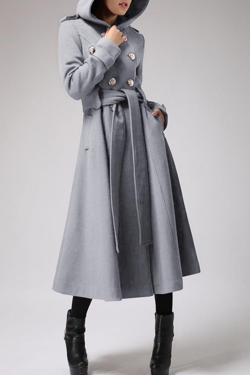 Cicy Bell Langer, zweireihiger Damenmantel mit Kapuze, Winter, warm, Wolle, Trenchcoat mit Gürtel