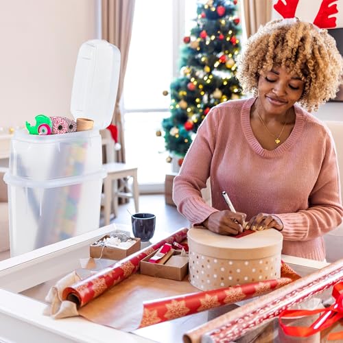 Rubbermaid Wrap N' Craft Plastic Wrapping Paper Organizer Storage Container with Top Ornament Storage Compartment for 20 Standard 30 Inch Rolls, Clear - image 3