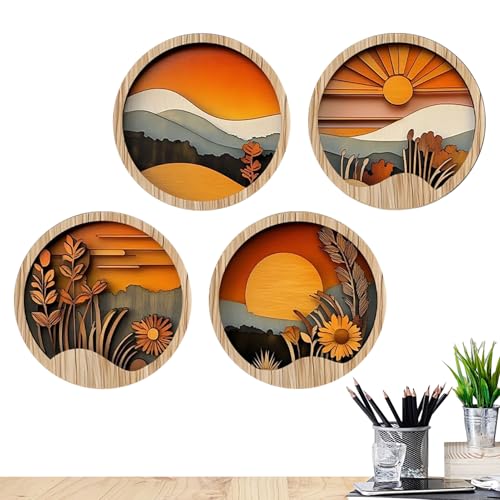 Quadri Boho per Decorazione Pareti, Arte Bohemien per Pareti, 4 Cornici Tonde in Legno 20x20cm con Design Geometrico per Appartamento, Ingresso, Corridoio e