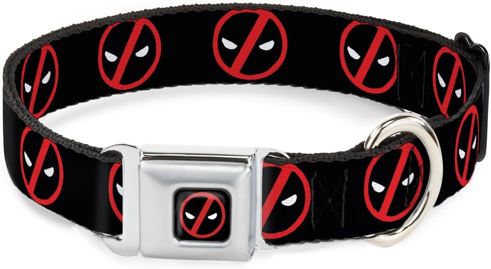 Marvel Comics Pet Collar, Dog Collar Metal Seatbelt Buckle, Deadpool Logo Black Red White, 11 to 16.5 Inches 1.0 Inch Wide