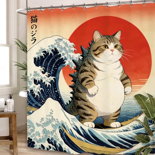Yookeb Funny Cat Wave Bathroom Shower Curtain 60W by 71H Inch Japanese Sea Ocean Hilarious Anime Animal Sunset Polyester Fabric 12 Plastic Hooks Waterproof Decor by Yookeb - Used condition - Image 4