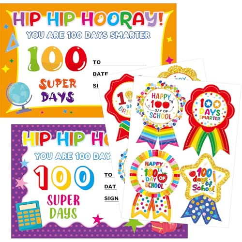 Ceiba Tree 100 Days of School Award Certificates and Smarter Badge Stickers Happy 100th Day of School Recognition Rewards for Kids Kindergarten Preschool Classroom