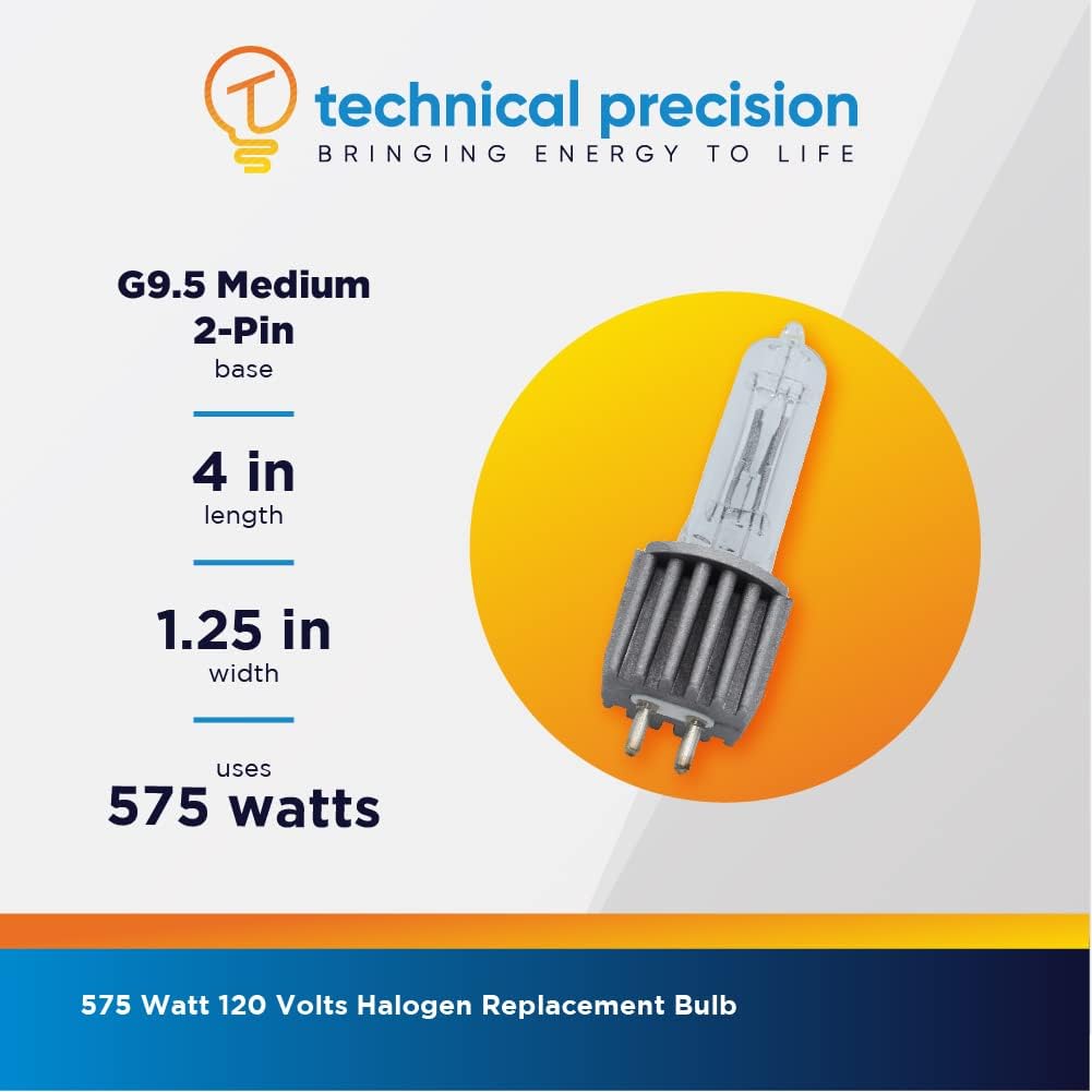 Technical Precision 575W Halogen Bulb Replacement for ETC Source Four Jr Light Bulb 120V Track Light Bulb with G9.5 Medium Bi-Pin Base - 3250K Tungsten Halogen Lamp Bulb - 1 Pack
