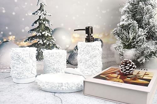 Hymmah Bathroom Accessories Set,Rose Design Bathroom Set,Farmhouse Bathroom Decor,4 Pcs Resin Gift Set Apartment Necessities, Contain Cotton Swab Jar,Soap Dispenser,Soap Dish,Tumbler White by Hymmah - Image 5