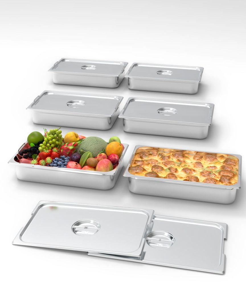 6 Pack Hotel Pans,4" Deep Full Size Steam Table Pans,Full Size Food Pan,Half Size Hotel Pans[NSF Certified],Catering Food Pan Commercial Stainless Steel,Handle + Lid