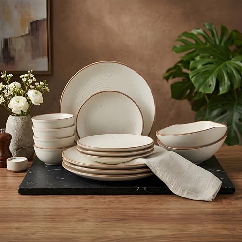 Image of Miah Decor Ceramic Dinner Set - 14-Piece Handmade Stoneware | 4 Bowls, 4 Quarter Plates, 4 Dinner Plates & 2 Serving Bowls | Off White Ribbed Matte Finish | Microwave & Dishwasher Safe | Ideal Gift