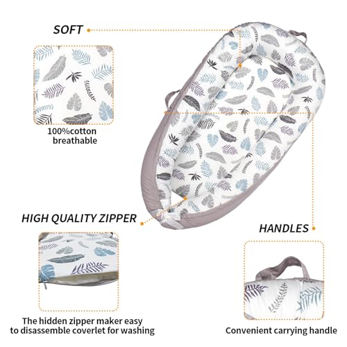 Image of Baby Lounger Replaceable Cover Baby Nest Backup Cover 100% Cotton Breathable Machine Washable (Gray Leaves)