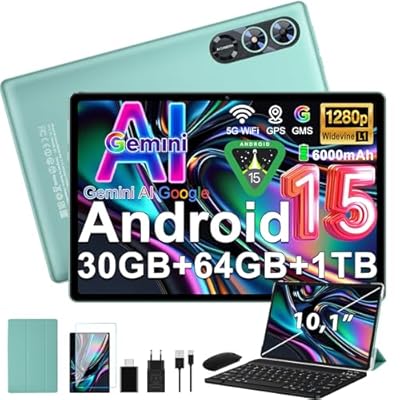 fezawio Android 15 Tablet 10 Pulgadas Gemini AI Tablet PC Octa-Core 30 GB RAM + 64 GB ROM 1TB TF 3.5mm Audio/GMS/WiFi 6 & BT 5.0 / 6000mAh / GPS/Widevine L1 Tableta con Teclado-Verde