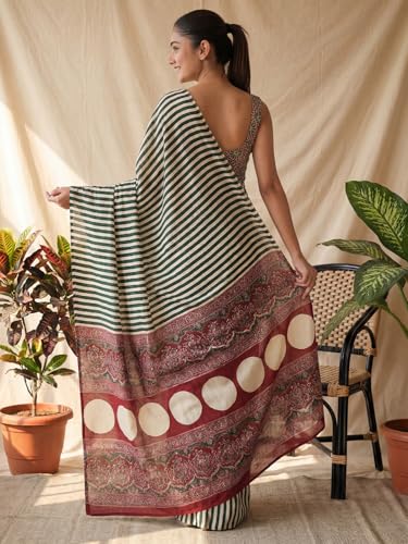 Image of AKHILAM Women's Pure Crepe Striped Printed Saree With Unstitched Blouse Piece