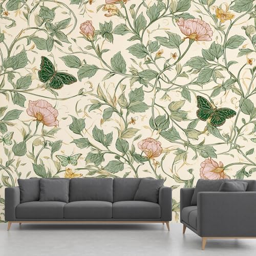 Fresque Murale Intissée Fleur et Papillon Vert au Style Rétro Rustique Chic - 2