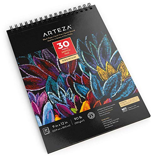 Arteza 9X12 Inch Black Sketch Pad, 30 Sheets (90Lb/150Gsm), Spiral-Bound, Heavyweight Paper, Art Supplies For Graphite & Colored Pencils, Charcoal, Oil Pastels, Gel Pens, Chalk, Ink #TOP1