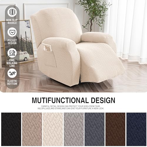 Image of Genina Recliner Chair Cover, Stretch Reclining Chair Covers, Recliner Sofa Slipcovers Stripe Jacquard Lazy Couch Covers Furniture Protector Covers for Pet Kid (Beige, 1 Seat)