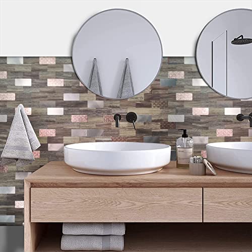 Xuaniny Peel And Stick Metal Backsplash Tiles, Self Adhesive Aluminum Subway 3D Wall Sticker For Kitchen Bathroom (12"X11.02") (10, Light Yellow Wood+Bronze Frosted) #TOP3