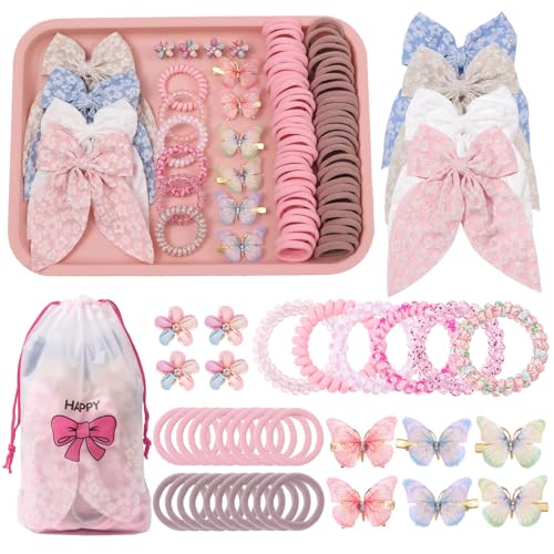 Rosvia Little Girls Hair Accessories Set 70pcs Elastic Spiral Hair Ties for Thick Hair Mini Crystal Flower Hair Claws Butterfly Hair Clips Toddlers Hair Bows for Girls Teens Kids Toddlers