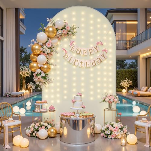 Ivory 6FT Arch Backdrop Cover with Lights String Wedding Arch Covers Stretchy Backdrop Party Baby Shower Bridal Shower Photo Birthday Photography Background Arch Stand Cover Spandex by Little Funny - Used condition - Image 3