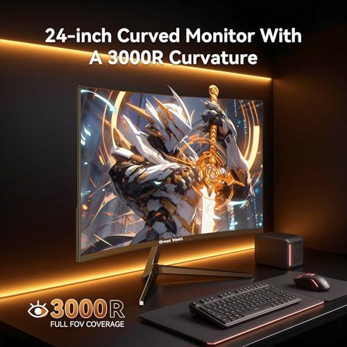 Image of Great voell 24 Inch Curved Gaming Monitor, 180Hz FHD 1080P Computer Monitor, 3000R Curved, FreeSync, Support DP /HDMI /USB Ports, 98% sRGB, 4000:1 Contrast Ratio for Home Office & Gaming-Wall Mountable