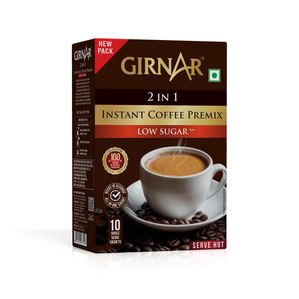 Girnar Instant Coffee 3 In 1 (10 Sachets - Low Sugar), Ground, Box
