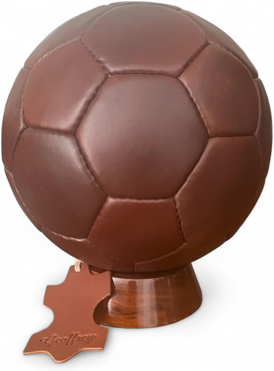 Geoffrey Vintage 32 Panel Soccer Ball 100% Cow Leather with Wooden Base | Tan & Dark Brown | White and Black | Antique Br I Tan I Size 5 | Retro Football
