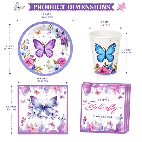 Image of Rozi Decoration Butterfly Theme Party Tableware Set | 40 Pcs Disposable Party Supplies Combo with 10 Plates, 10 Cups, 20 Napkins | Floral Purple Butterfly Decoration Kit for Birthday Celebration