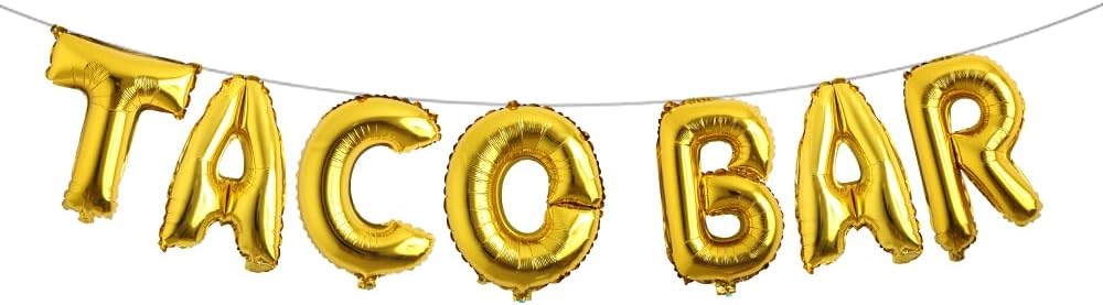 RUIANSI 7pcs Gold 16 Inch Taco Bar Letter Balloons with 10m Ribbon & Straw - Cinco De Mayo Fiesta Mexican Taco Party Decorations for Adults & Kids