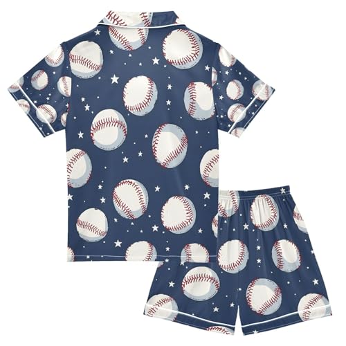senya White Baseball Star Satin Summer Pajama Sets Silk Short Sleeve Button Down Sleepwear2