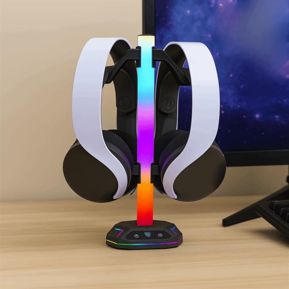 RGB Gaming Headset Stand with USB Ports and Controller Holder, Black ABS Headphone Display Rack with Anti-Slip Design(Black)