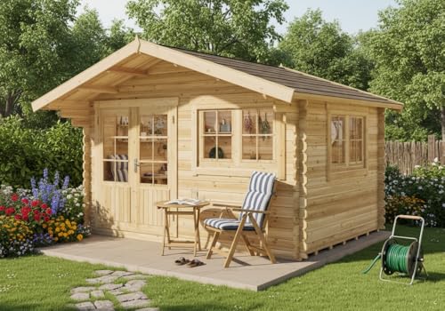 Gartenhaus Gabriel-34 mit Fußboden aus Holz, Gerätehaus 400x300, 10,07 m², 34 mm Wandstärke - Naturbelassen