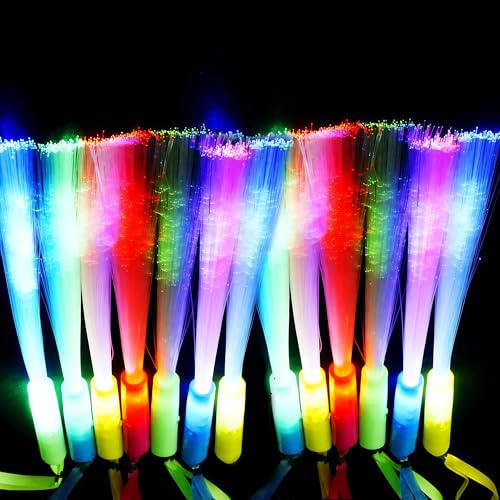 ProlPings 12PC Glow Fiber Optic Wand Glow Sticks LED Light Up Wand Glow in The Dark Party Supplies Favors 4 Color Neon Light up Toy fit Thanksgiving Xmas Holiday Birthday Concert Party