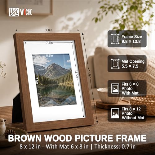 Image of VCK 8x12 Picture Frame 5 Pack, Brown Exclusive Wood, HD Glass, for Photo