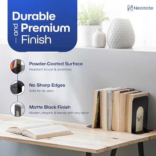 Image of Neomate Metal Bookends for Office & Home | Heavy-Duty Book Support | Black