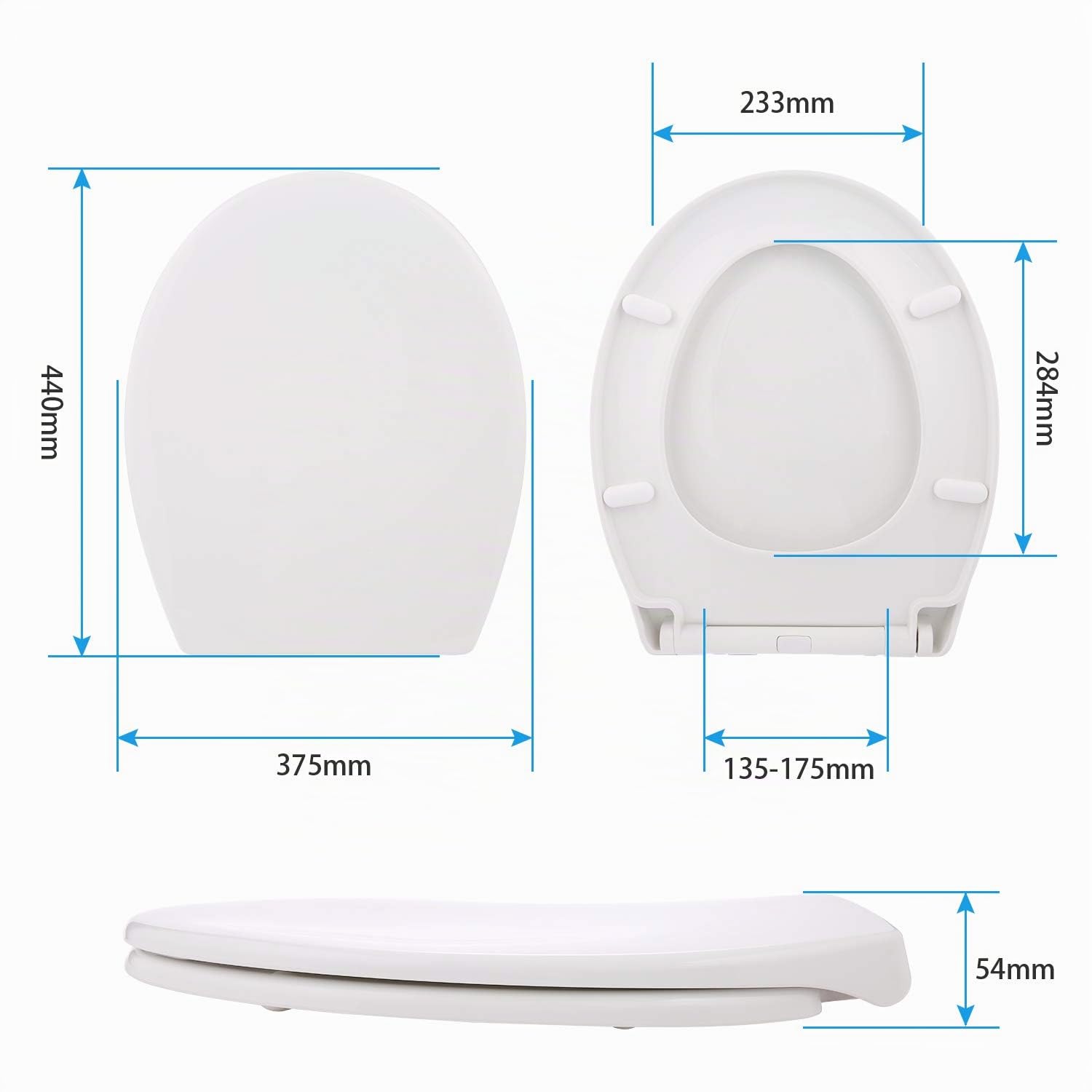 HIMIMI Tavoletta WC, Sedile WC con Sgancio Rapido, Copriwater Universali O Forma, Rapido Montaggio, Facile da Pulire, Toilet Seat Bagno in Plastica Antibatterico Bianco (440 x 375 x 54 mm)
