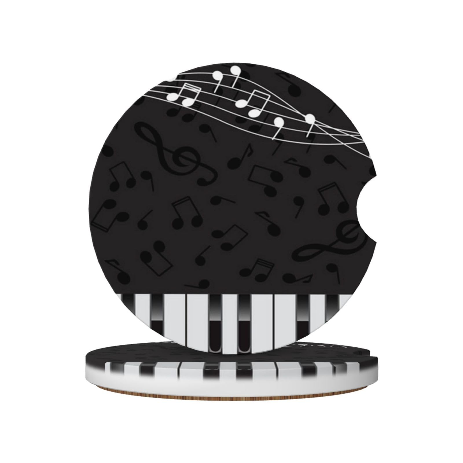 Piano Black Musical Notes, Car Cup Holder Coasters 2 Pack, Absorbent Ceramic Car Coasters with Non Slip Cork Base