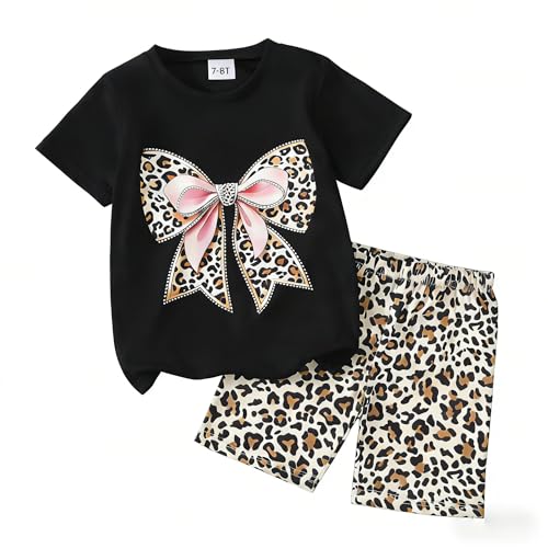 Togrielan 7-13 Years Girls 2-Piece Summer Outfit Set, Bow Print T-Shirt & Leopard Print Casual Shorts Size 13 14
