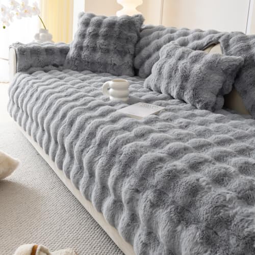 tianxinbaobei Faux Fur Sofa Cover, Rabbit Plush Couch Cover, Non-Slip Couch Covers Washable, Cosy Plush Sofa Slipcover, Furniture Protector for L Shaped(1pc/ Light Grey /36"x63")