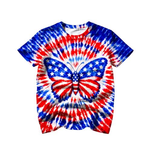 DZCKBRU Kids Red White and Blue Tie Dye Shirt Short Sleeve 4th of July Patriotic American Flag Tees Butterfly T Shirts for 4-5 Years Boys Girls