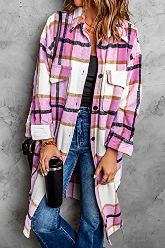 Prettygarden Women's 2023 Plaid Shacket Jacket Long Sleeve Button Down Shirts Fashion Winter Wool Coats (Pink,X-Large) #TOP4