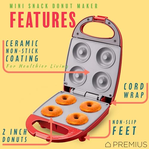 PREMIUS Ceramic NonStick Mini Snack Donut Maker, 2” Mold, Great For Kids & Families Desserts, Frosted, Glazed, Decorated, Sprinkled, Doughnuts, Egg Bites, Cake Pops, Add Batter, 4 Count (Red)