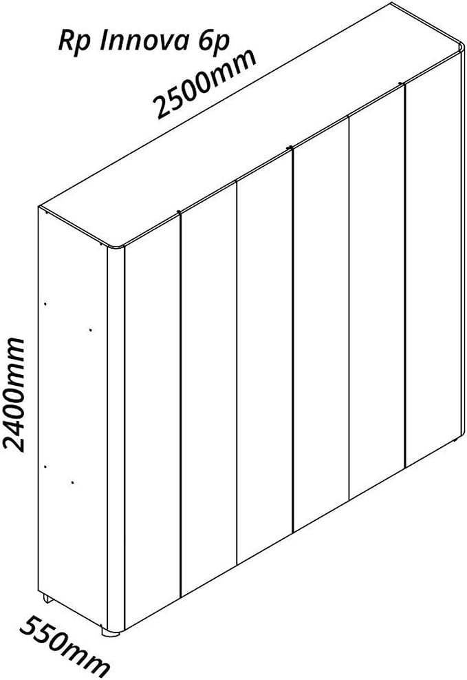 Desenho técnico com as dimensões de 2500mm de largura, 2400mm de altura e 550mm de profundidade do guarda-roupa