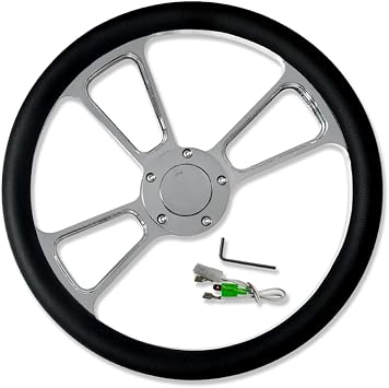 Chrome 14" Billet Aluminum 5 Holes Steering Wheel Split Tri Spoke Style with Black Leather Half Wrap & Horn Button