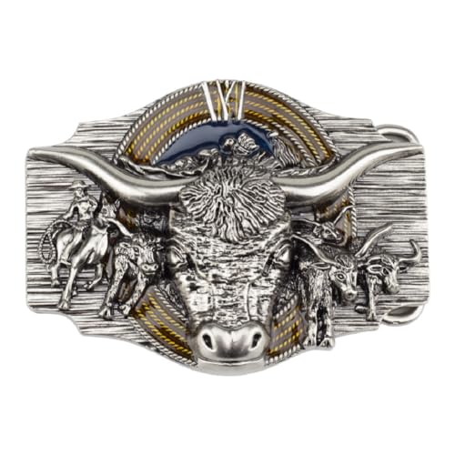 Fachoice Longhorn Boucle de ceinture en forme de tête de taureau pour homme, argenté, L