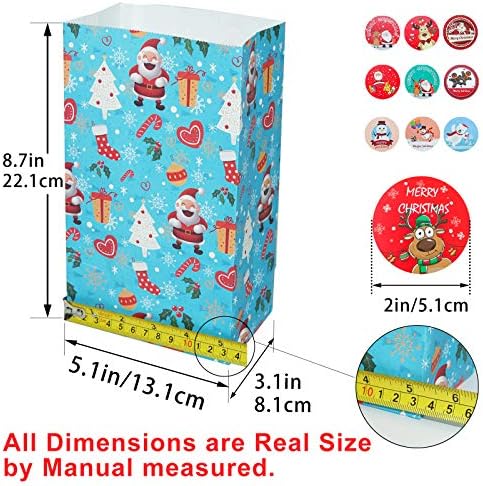 AUERVO 30 Pcs Christmas Paper Bags,Flat Bottom Party Bags,6 Christmas Elements Themed Design with 30 Pcs Stickers for Xmas Party, Birthday and Classroom