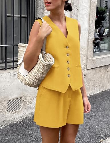 Image of PRETTYGARDEN Women's Summer 2 Piece Outfits Sleeveless Matching Sets Button Down V Neck Vest Waistcoat and Pockets Shorts