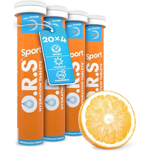 O.R.S Elektrolyttabletten für Sport Hydratation | Premium Sports Elektrolyte mit Vitamin D + Magnesium | Vegane, glutenfrei & kalorienarme Hydratationstabletten mit Vitaminen, Orange, 80 Portionen
