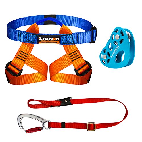 Fusion Zipline Harness Kit - Zip Line Kit with Harness/Lanyard/Trolley/Helmet Bundle, Kids Backyard Zip FK-K-HLT-01