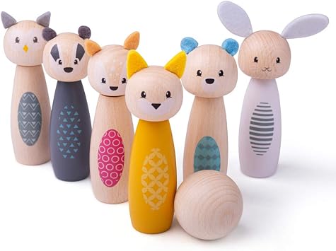 Bigjigs Toys Wooden Animal Skittles - 6 Piece Bowling Skittle Set & Ball, Kids Games, Indoor & Outdoor Toy, Montessori Gifts for Toddlers, Made from Eco Friendly FSC Certified Wood, 2+ Year Olds