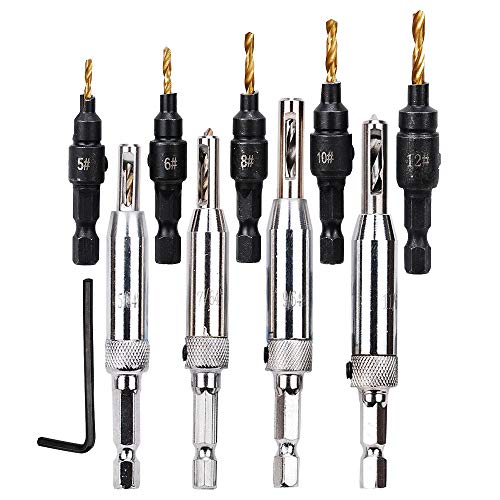 4PCS Self centering Hinge Drill Bits for Door Cabinet + 5PCS HSS Woodworking Countersink Drill Bit Set with Free Wrench for pilot holes
