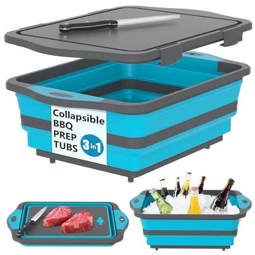 HI NINGER BBQ Prep Tub with Lid, Collapsible Camping Sink with Colander, Cutting Board & Knife Set